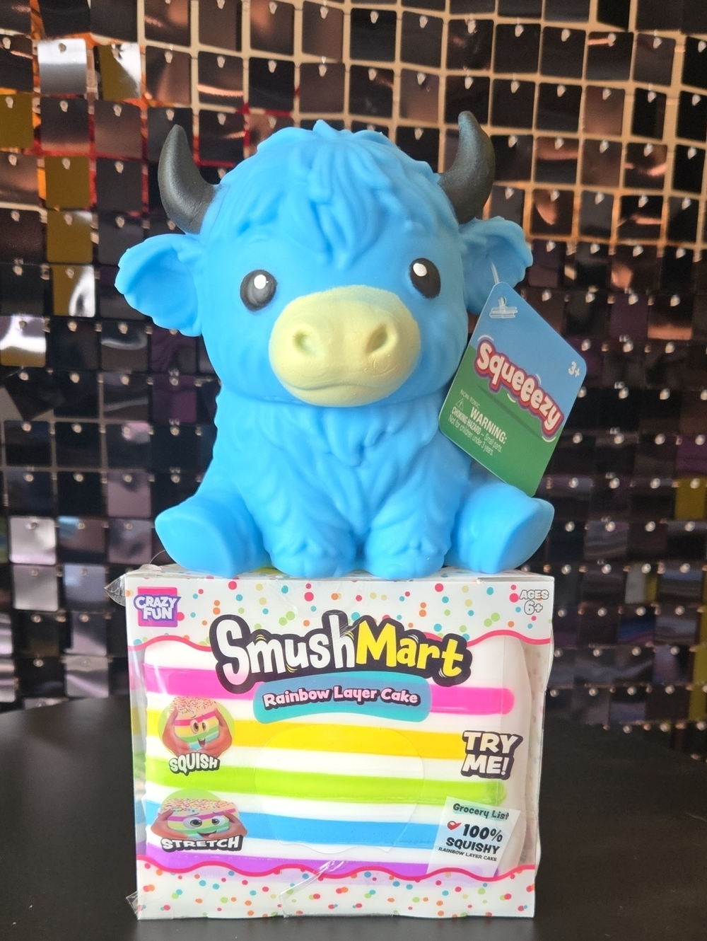 New SmushMart Rainbow Layer Cake Squeeze Toy & Squueeezy Blue Cow.